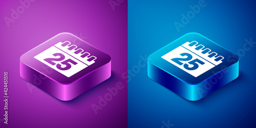 Isometric Calendar icon isolated on blue and purple background. Event reminder symbol. Square button. Vector