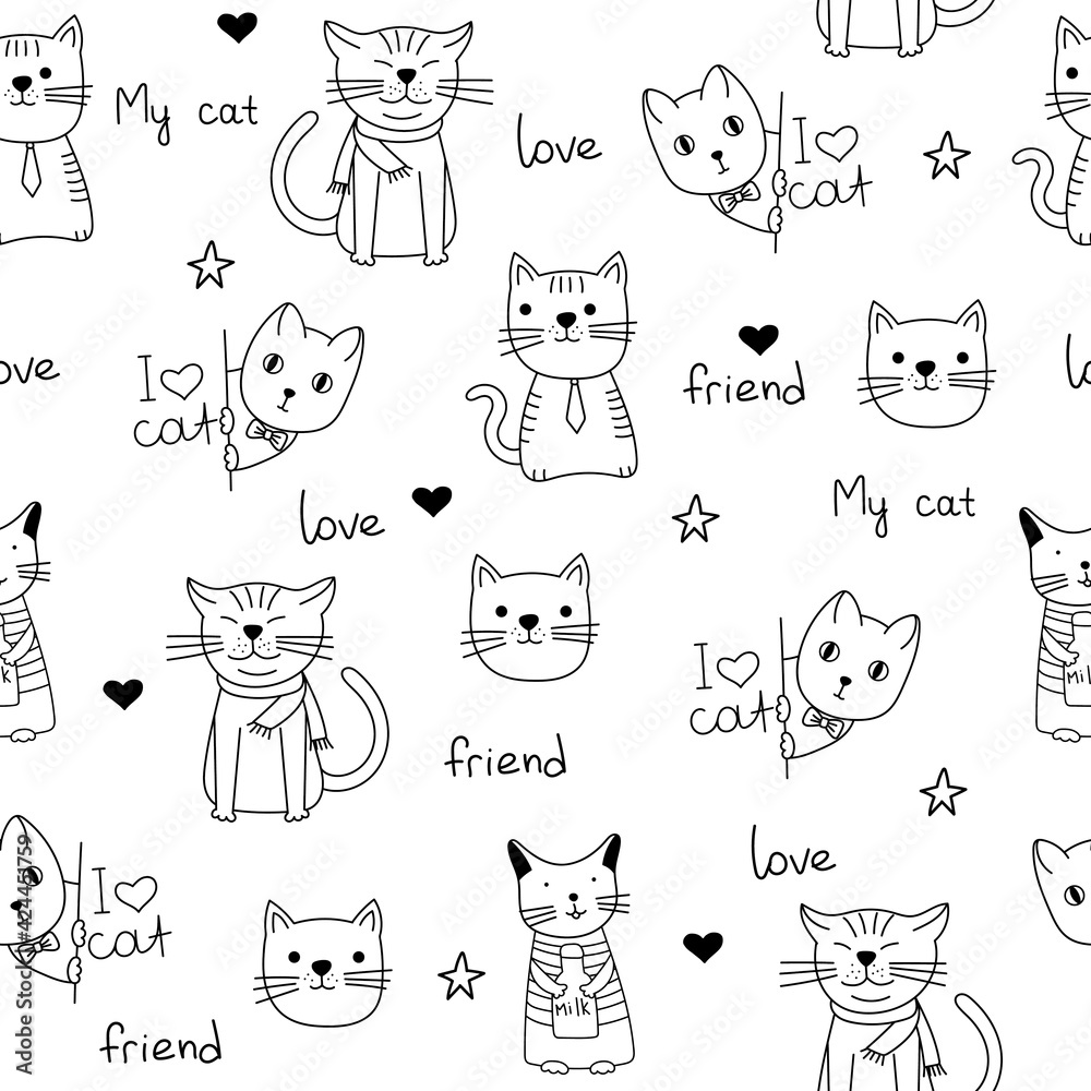 Seamless pattern with funny hand drawn cats. Animals vector ...