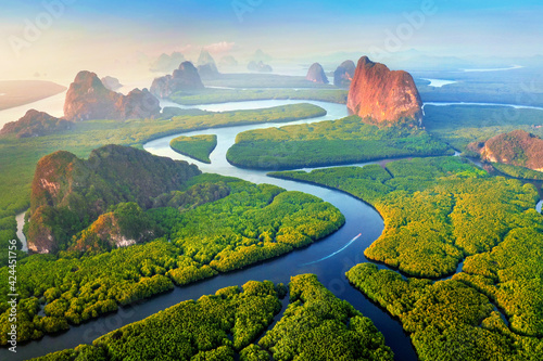 Fototapeta Aerial view of Phang Nga bay with mountains at sunrise in Thailand