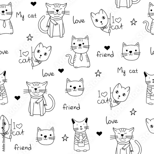 Seamless pattern with funny hand drawn cats. Animals vector illustration with adorable kittens. Tillable background for your fabric, textile design, wrapping paper or wallpaper