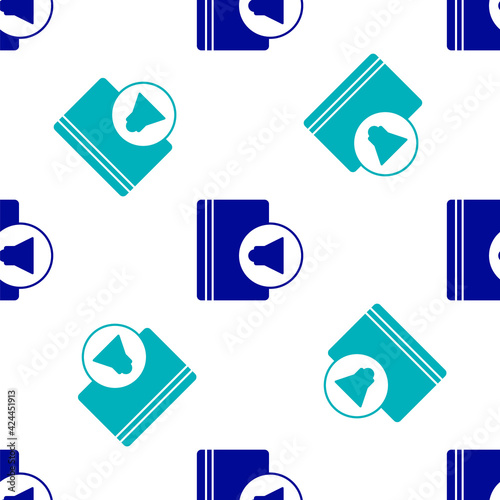 Blue Audio book icon isolated seamless pattern on white background. Book with headphones. Audio guide sign. Online learning concept. Vector