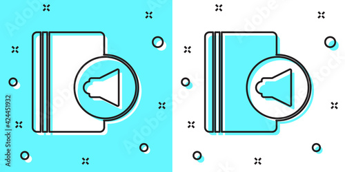 Black line Audio book icon isolated on green and white background. Book with headphones. Audio guide sign. Online learning concept. Random dynamic shapes. Vector