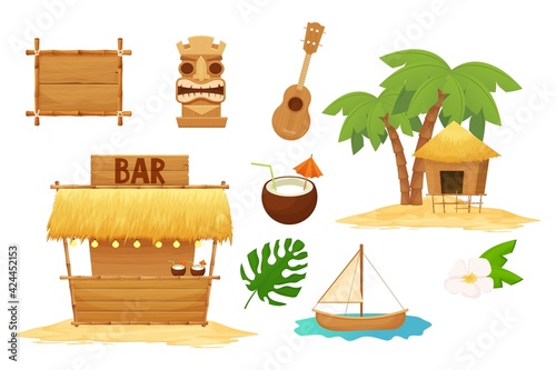 Hawaiian set holiday traditional elements in cartoon style isolated in white background. Beach bar with straw, umbrella, wooden frames and decorations, ukulele, bamboo torch, tiki mask and hibiscus.
