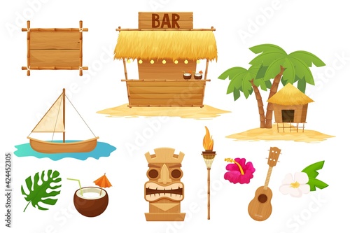 Hawaiian set holiday traditional elements in cartoon style isolated in white background. Beach bar with straw, umbrella, wooden frames and decorations, ukulele, bamboo torch, tiki mask and hibiscus.