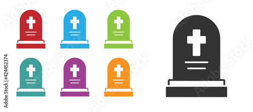 Black Grave with tombstone icon isolated on white background. Set icons colorful. Vector