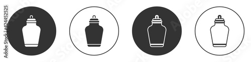 Black Funeral urn icon isolated on white background. Cremation and burial containers, columbarium vases, jars and pots with ashes. Circle button. Vector