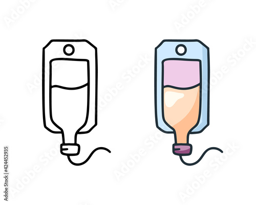 Saline doodle icon. Linear and color version. Black simple illustration of IV medical or plastic bag with solution. Contour isolated vector pictogram on white background