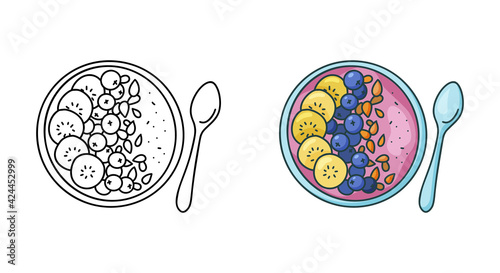 Smoothie bowl doodle icon. Linear and color version. Black simple illustration of plate with fruit puree and spoon. Contour isolated vector pictogram on white background