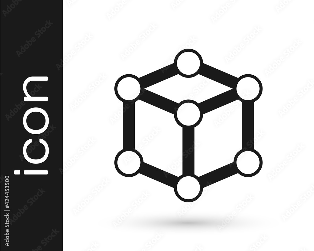 Black Molecule icon isolated on white background. Structure of molecules in chemistry, science teachers innovative educational poster. Vector Black Molecule icon isolated on white background. Structure of molecules in chemistry, science teachers innovative educational poster. Vector