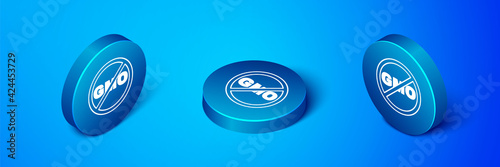 Isometric No GMO icon isolated on blue background. Genetically modified organism acronym. Dna food modification. Blue circle button. Vector