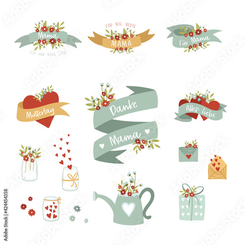 Lovely hand drawn Mother's Day doodles, banderoles and text in german language saying "Thank you Mom, For Mom and similar" - great for print products, cards, wallpapers, banners - vector design