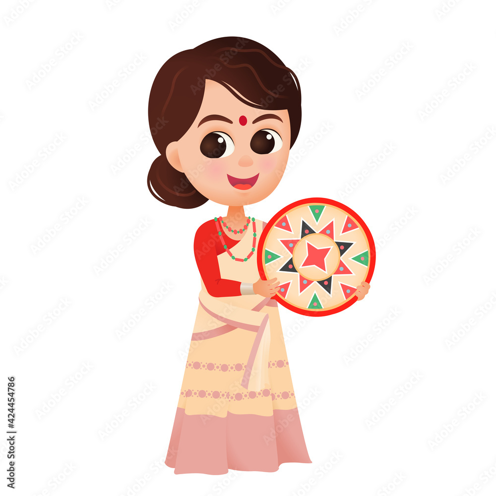 Woman from India holding a jaapi performing Bihu folk dance of Assam ...