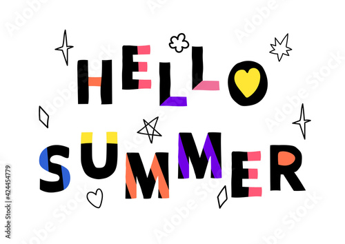 Hello summer.Bright modern lettering in the color block style with funny icons and stars.Simple trendy vector illustration.Typographic template and print, card, banner, poster.