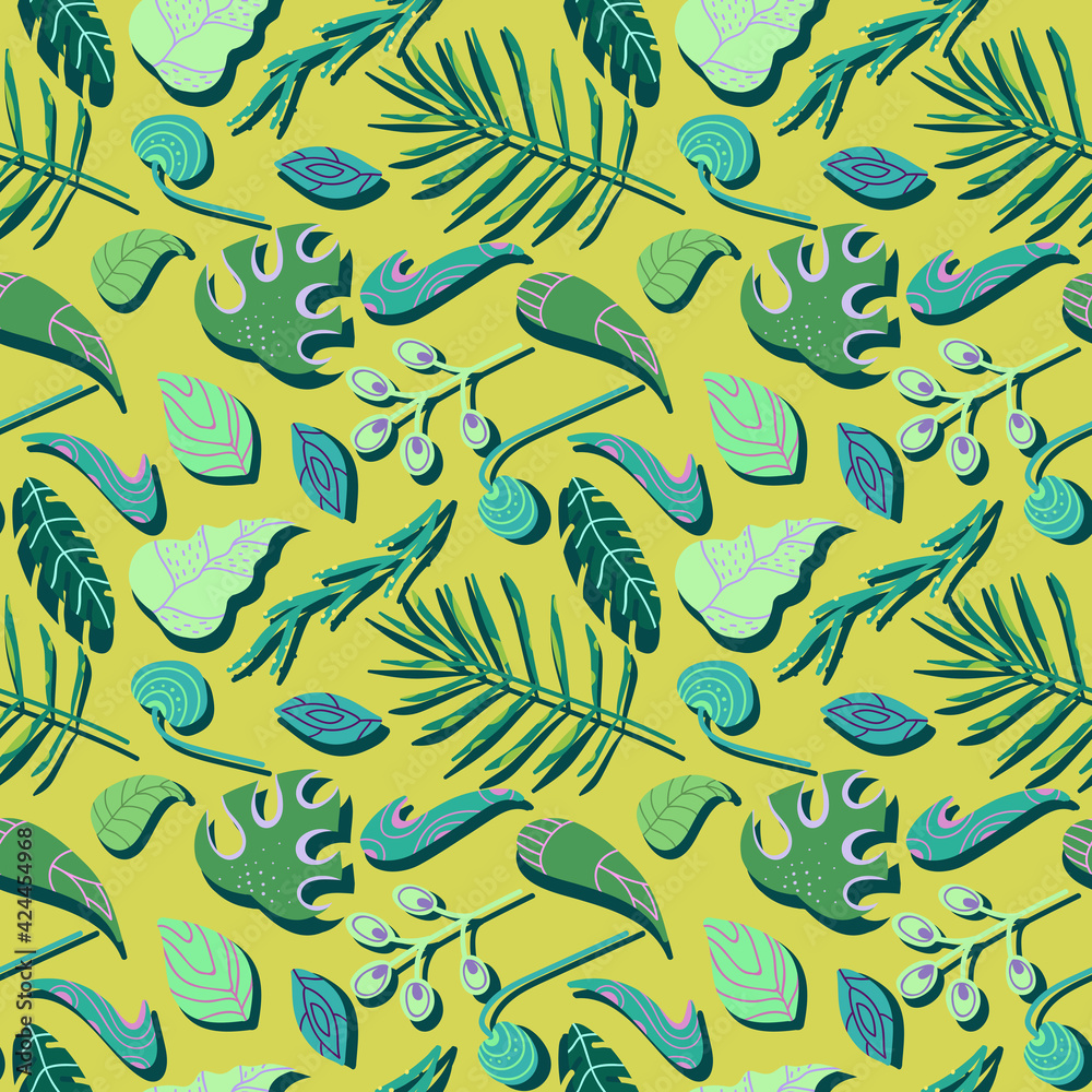 Seamless pattern with various decorative green leaves and nature elements .Spring and summer bright print in cartoon style.Tropical leaf pattern on yellow background.