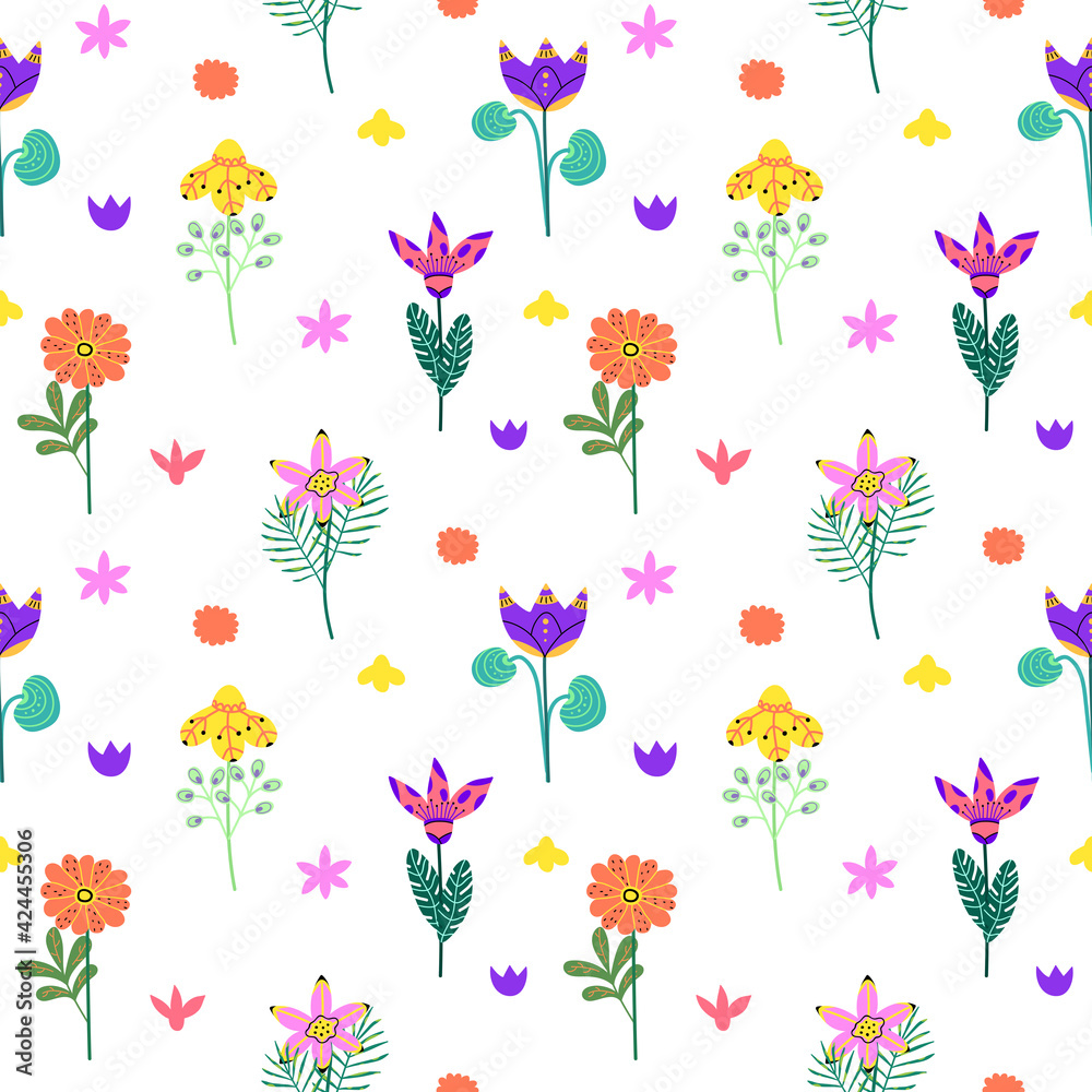Floral bright seamless pattern on white background. A pattern with flowers in the scandinavian style.Folk neon print.Vector illustration.