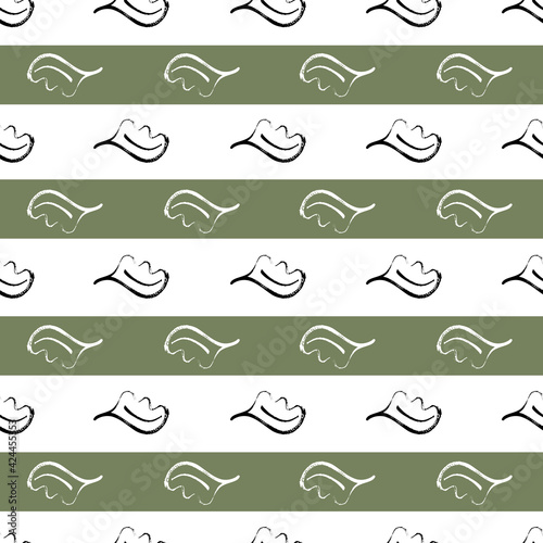 Oak leaf striped seamless vector pattern background. Simple calligraphy brush foliage on sage green horizontal stripes. Geometric backdrop.Botanical design. Painterly style repeat for wellness