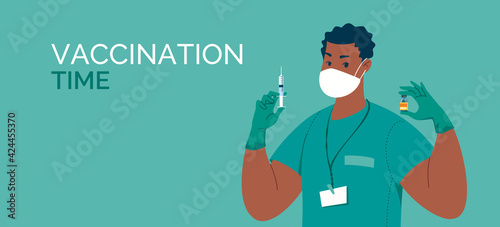 Doctor in latex gloves with a syringe and vaccine in his hands. Time of vaccination. Banner, template. Vector. Illustration. Flat. Cartoon