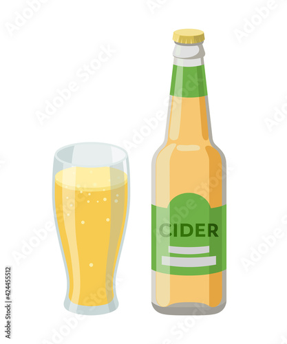 Bottle of cider and glass with cider, beer - vector illustration in flat design isolated on white background. Drink made from apples.
