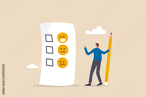 Customer rating, feedback from consumer for liking product and service concept, man holding pencil thinking about experience and giving rating on questionnaire with happy, neutral and angry faces.