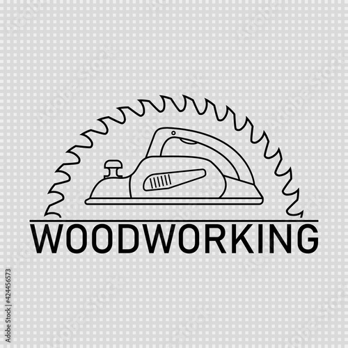 Woodworking logo. Electric planer with circular saw blade for wood. Line and outline isolated vector clipart and drawing on transparent background.