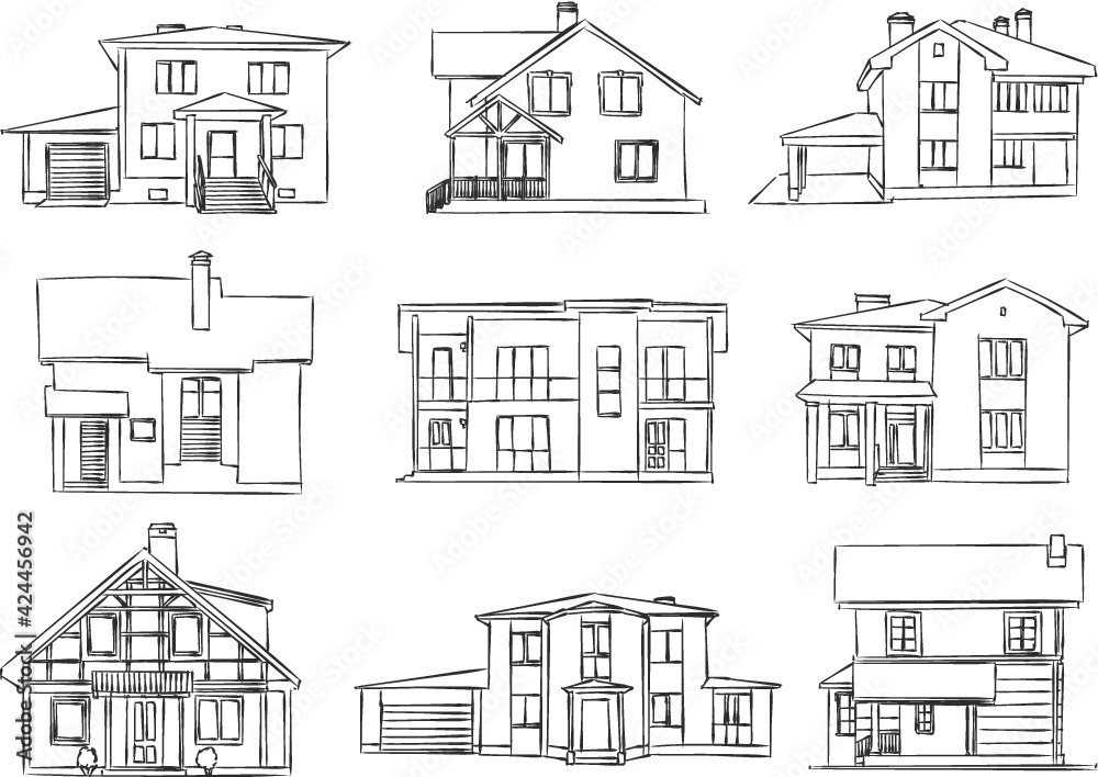 vector sketch of wooden and brick houses