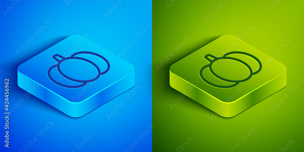 Isometric line Pumpkin icon isolated on blue and green background. Happy Halloween party. Square button. Vector Isometric line Pumpkin icon isolated on blue and green background. Happy Halloween party. Square button. Vector