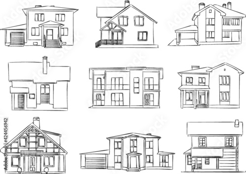 vector sketch of wooden and brick houses