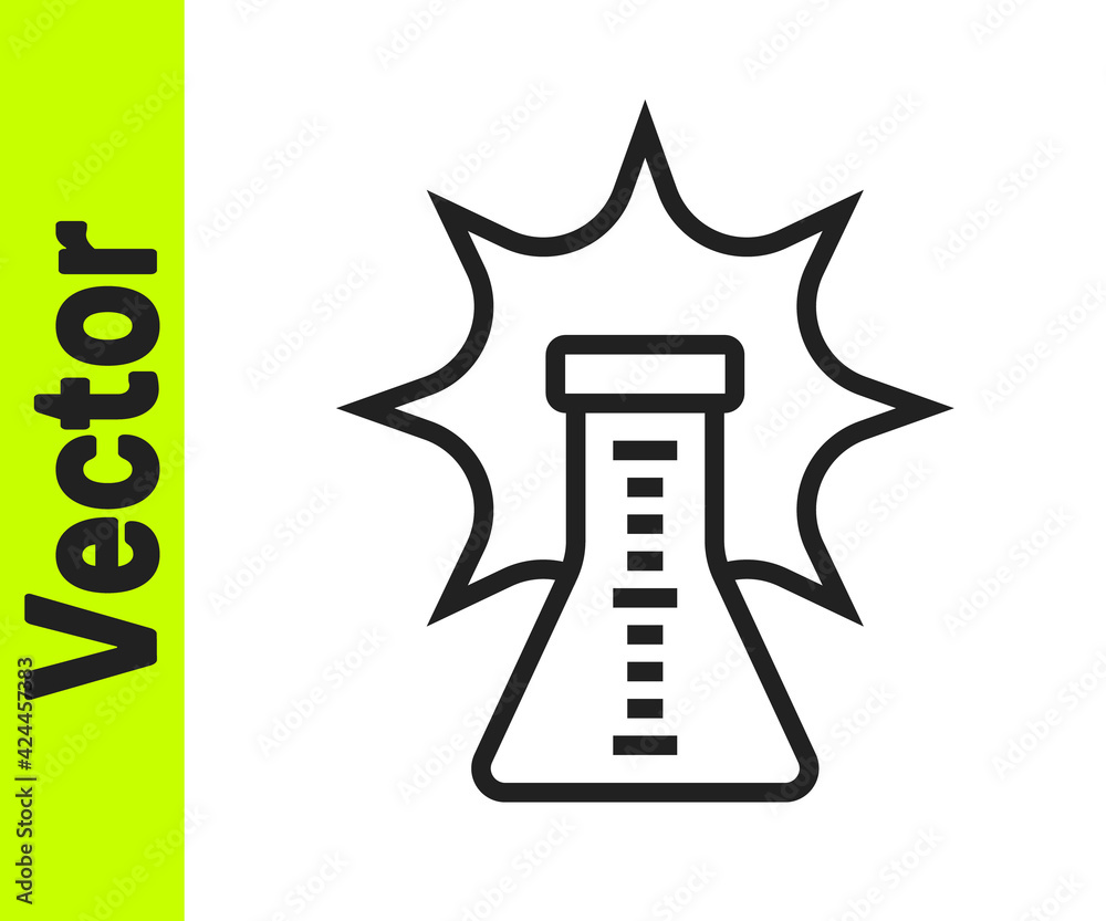 Fototapeta premium Black line Chemical experiment, explosion in the flask icon isolated on white background. Chemical explosion in a test tube. Vector