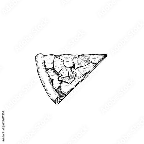 Hawaiian pizza piece. Top view. Hand drawn sketch style pizza drawing. Traditional international fast food. Best for menu designs and packages. Vector illustration.