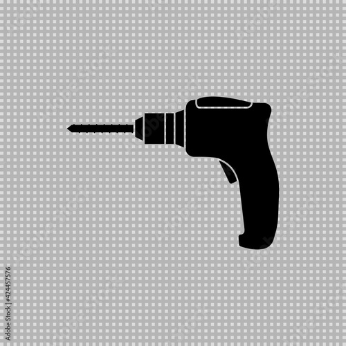 Portable electric hand drill silhouette drawing with bit. Power drill icon. Isolated vector cartoon clipart on transparent background.