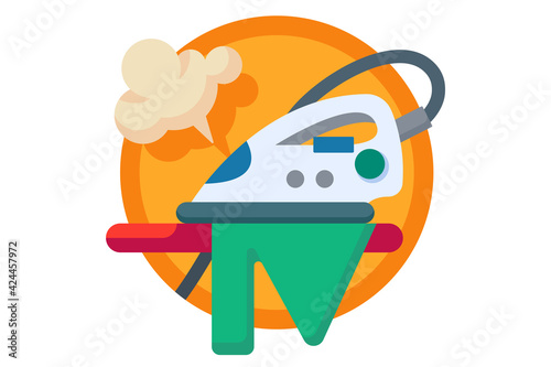 Ironing board and clothes with iron and steam