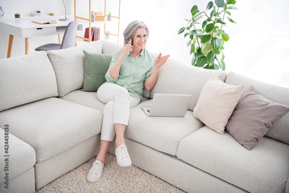Full size portrait of positive charming person sit on sofa speak phone hand explain have good mood weekend indoors Full size portrait of positive charming person sit on sofa speak phone hand explain have good mood weekend indoors
