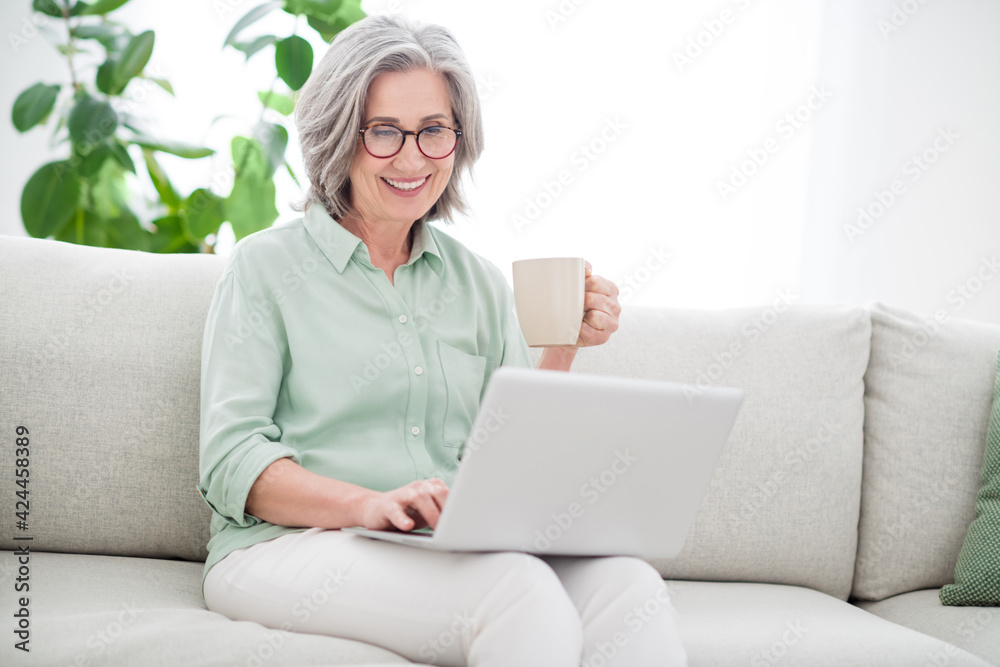 Portrait of charming person sit on sofa arm hold coffee use laptop chatting watch serial free time indoors Portrait of charming person sit on sofa arm hold coffee use laptop chatting watch serial free time indoors