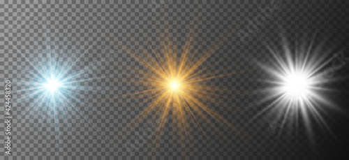 Set of realistic starburst lighting isolated on transparent background. Glow blue, yellow, white light effect. Glowing light burst explosion. Bright star illuminated. Flare effect with ray sparkles