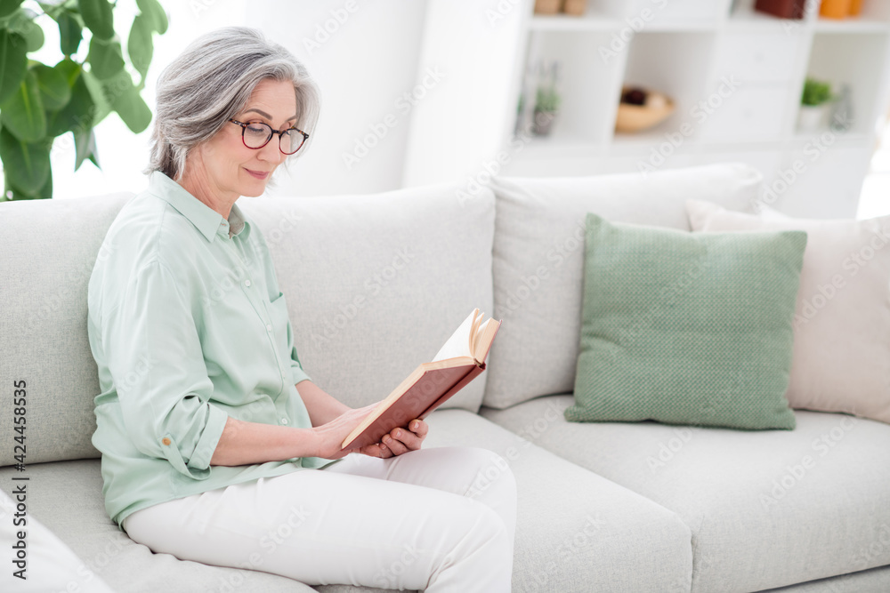Portrait of satisfied aged woman sit on sofa look arms hold reading book nice free time day home indoors Portrait of satisfied aged woman sit on sofa look arms hold reading book nice free time day home indoors