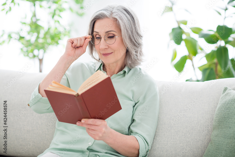 Portrait of charming aged person sit on sofa arm touch glasses look reading book vacation home indoors - obrazy, fototapety, plakaty 