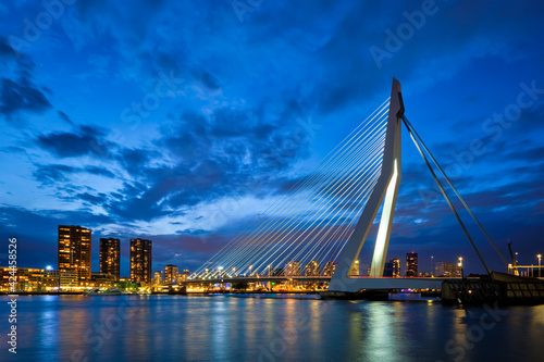 Fototapeta Naklejka Na Ścianę i Meble -  View of Erasmus Bridge Erasmusbrug and Rotterdam skyline. Rotterdam, Netherlands