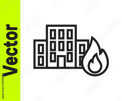 Black line Fire in burning buildings on city street icon isolated on white background. Destroyed city on fire. Vector