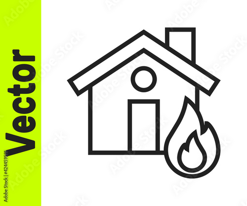 Black line Fire in burning house icon isolated on white background. Vector
