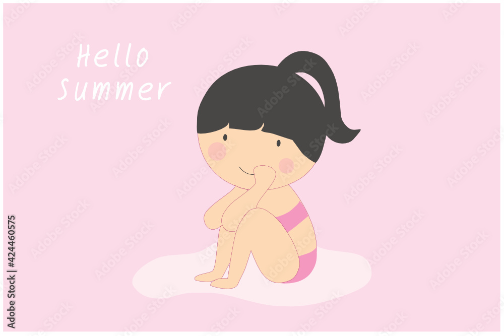 Cute pink bikini girl sitting on the beach vector illustration. Hello summer concept Cute pink bikini girl sitting on the beach vector illustration. Hello summer concept