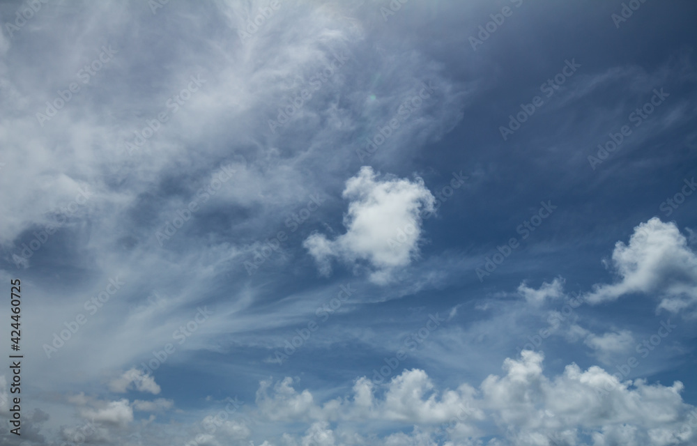 White clouds in the blue sky during the day. Roof replacement tool. Resource for designers.