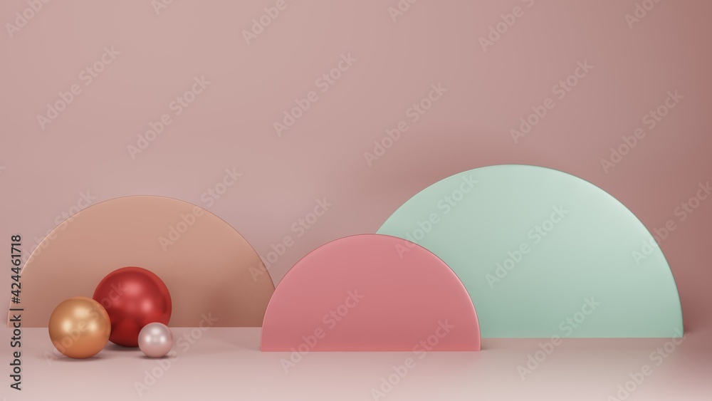 Fototapeta premium 3d render of still life with metallic shapes, empty space for text 