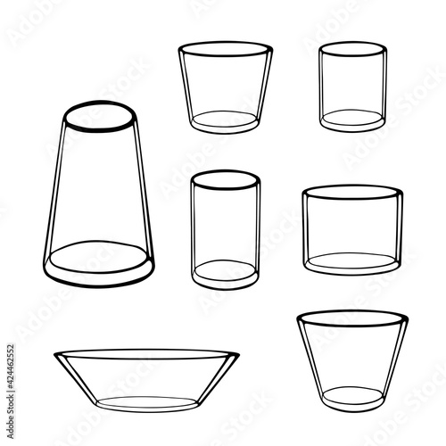 Black hand drawn illustration of a group of transparent glasses or vases for water or flowers isolated on a white background