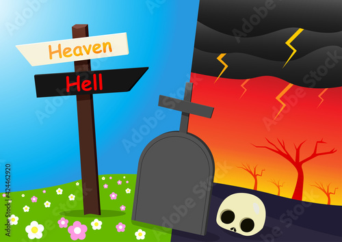 Heaven and Hell background with tombstone
