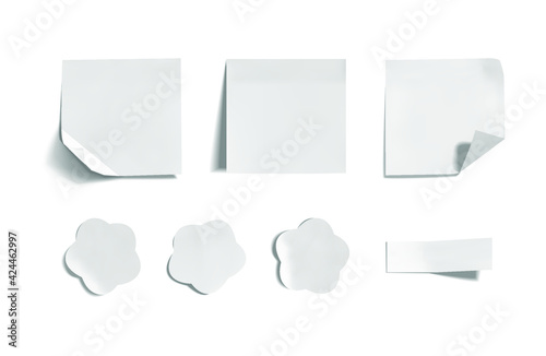 Vector set of white memo stickers, white paper, 3D blank mock ups isolated on white background.
