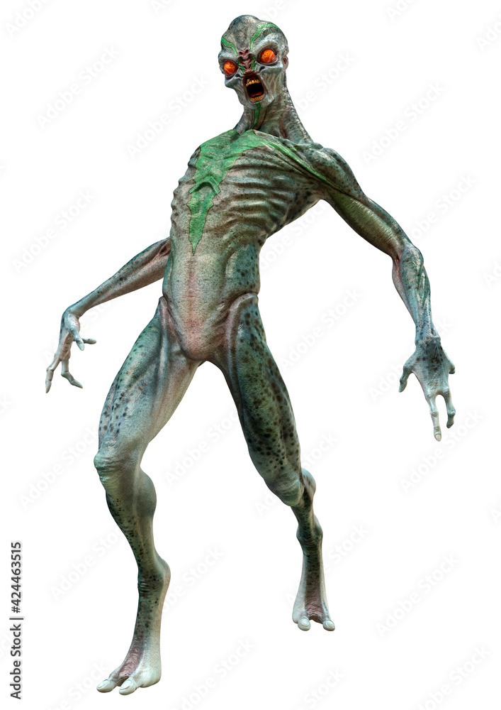 3D Rendering Green Alien on White 3D Rendering Green Alien on White