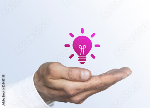 Foto mano, lato, palmo, mano aperta, icona, lampadina, idea