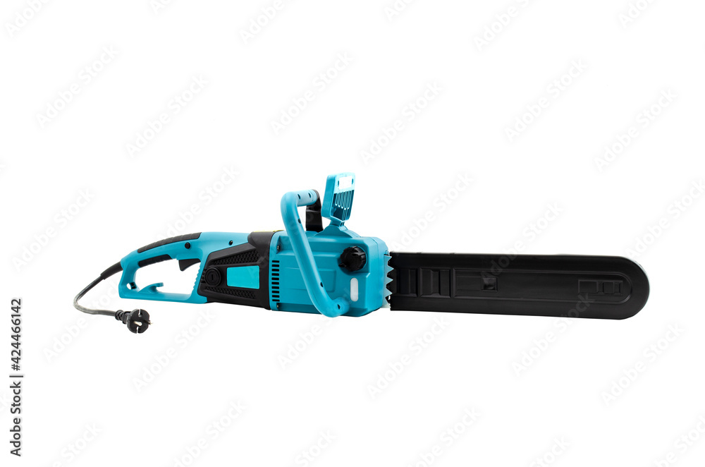 Blue hand electric chainsaw isolated on white background