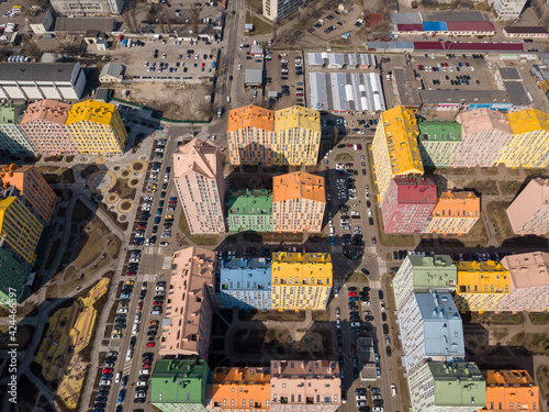 Multi-colored residential buildings in Kiev in sunny weather. Aerial drone view.
