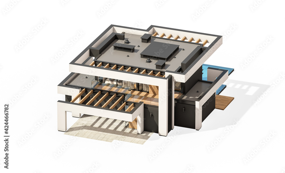 3d rendering of modern cozy house with pool and parking for sale or rent in luxurious style. Isolated on white 3d rendering of modern cozy house with pool and parking for sale or rent in luxurious style. Isolated on white